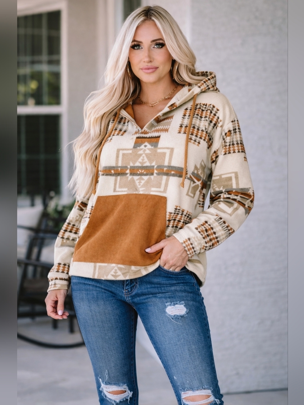 Western Aztec Hoodie Pullover Camel Pocket Boho Chic Size M